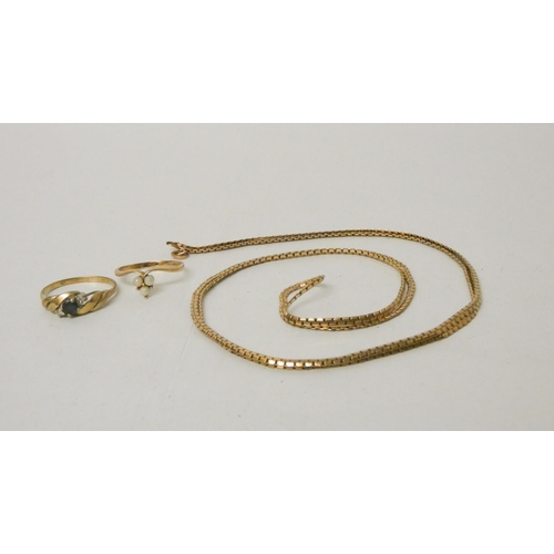 726 - Two 9ct gold dress rings, both hallmarked and a long polished link 9ct gold hallmarked chain, clasp ... 