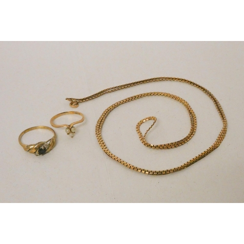 726 - Two 9ct gold dress rings, both hallmarked and a long polished link 9ct gold hallmarked chain, clasp ... 