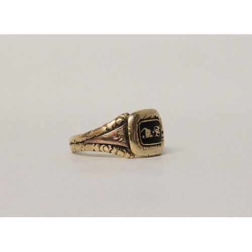 731 - A Georgian mourning ring, the enamel panel with initials SL, and engraving to inner band Stephen Lin... 