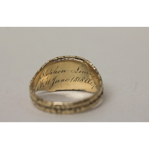 731 - A Georgian mourning ring, the enamel panel with initials SL, and engraving to inner band Stephen Lin... 