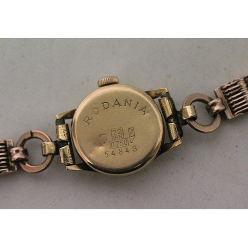 737 - A ladies Rodania 18ct gold cased wristwatch on 9ct rose gold hallmarked strap. Gross weight 18.3g