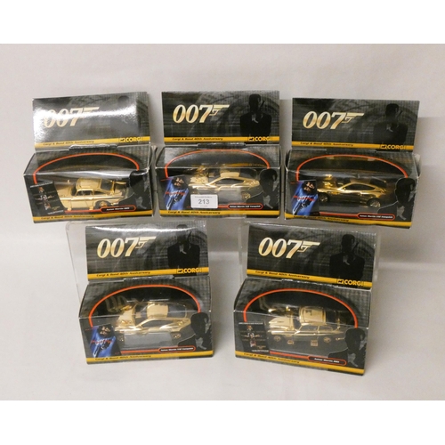 213 - A collection of five Corgi and 007 James Bond 40th Anniversary boxed gilt metal Aston Martin V12s an... 