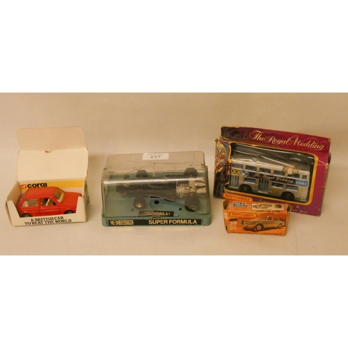 217 - JPS Scalextric Formula 1 car, a Corgi Austin metro, matchbox 39 Rolls Royce and a boxed Royal Weddin... 