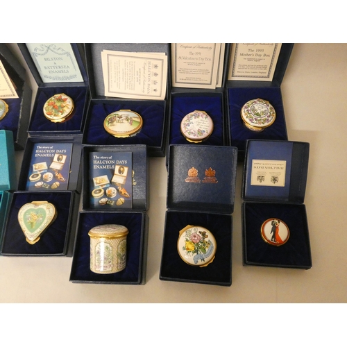 225 - A collection of ten Halcyon Days enamelled trinket boxes to include Valentine's Day, Anniversary, Sh... 