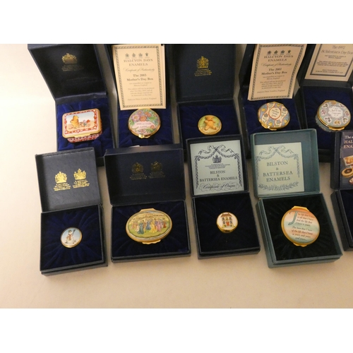 227 - A collection of ten Halcyon Days enamelled trinket boxes to include Disney, Winnie the Pooh, Mother'... 