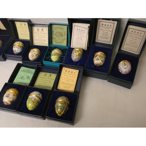 236 - A collection of ten Halcyon Days porcelain Easter Eggs trinket boxes for various years in original b... 