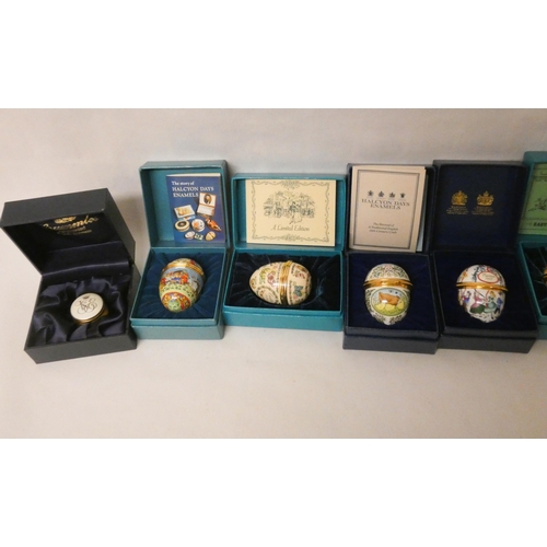 237 - A collection of six Halcyon Days Easter Eggs of various years in original boxes and one Crummles ena... 