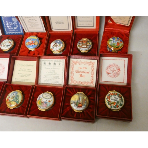 238 - A collection of ten Halcyon Days porcelain Christmas trinket boxes of various years with original bo... 