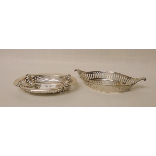 501 - Elkington & Co boat shaped silver dish, 18.5 cms across,  together with a silver pierced sweetmeat d... 