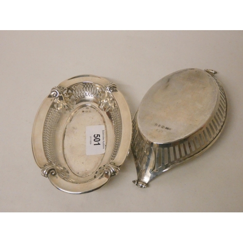 501 - Elkington & Co boat shaped silver dish, 18.5 cms across,  together with a silver pierced sweetmeat d... 