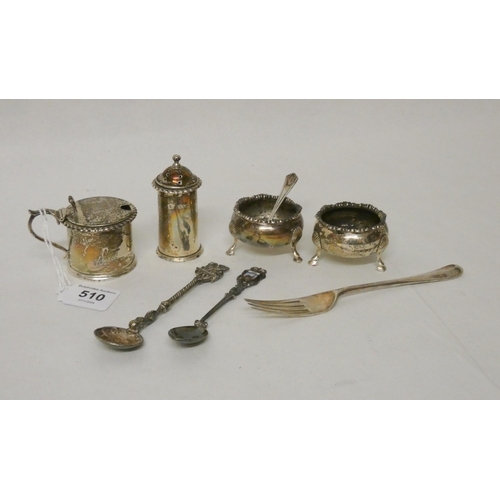 510 - A silver cruet set, two silver spoons and a fork. Weighable silver 7.6 troy oz.