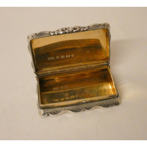 517 - Victorian silver snuff box, of rectangular form with engine tuned decoration, gilded interior. Georg... 