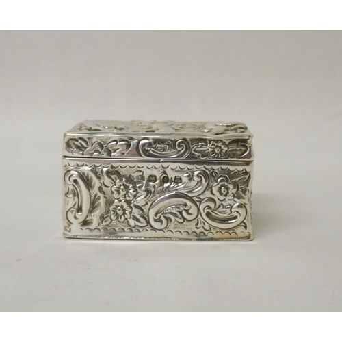 522 - A Victorian silver rectangular trinket box, the embossed hinged lid decorated with classical water c... 