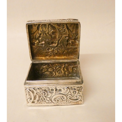 522 - A Victorian silver rectangular trinket box, the embossed hinged lid decorated with classical water c... 