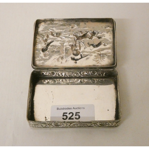 525 - German silver tobacco box, of rectangular form, the hinged lid embossed with a hunting scene, 8cms a... 