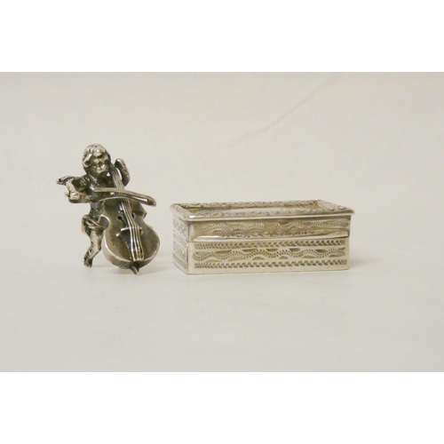 527 - Berthold Muller - novelty silver model of a cherub violinist and an Edwardian silver pill box with e... 