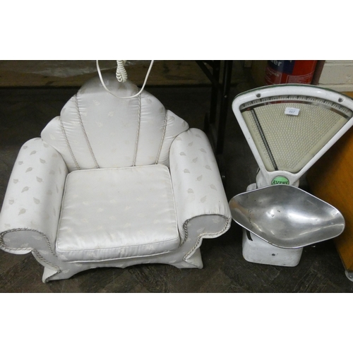 807 - A set of Avery scales and a small child's material fitted chair