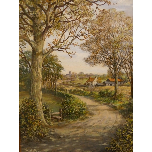 330 - A Frank Mayger oil on board of a country scene with church in the distance. Signed lower left. Image... 