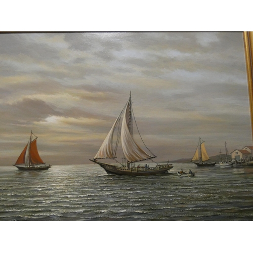 332 - A Frank Mayger oil on board of a seascape at sunset, signed lower left. Image size 19