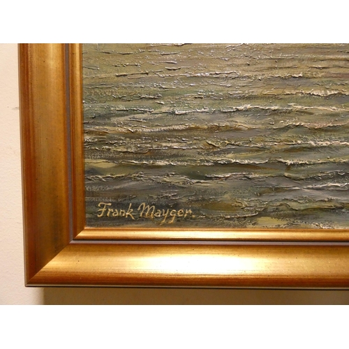 332 - A Frank Mayger oil on board of a seascape at sunset, signed lower left. Image size 19