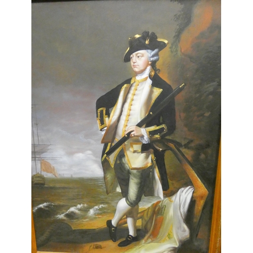 336 - A large oil on canvas depiction of an 18th century naval officer in ornate gilt frame. Image size 40... 