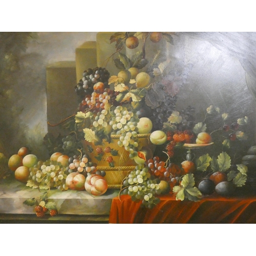 343 - A large oil on canvas still life painting in the 18th century style depicting autumnal fruits, unsig... 