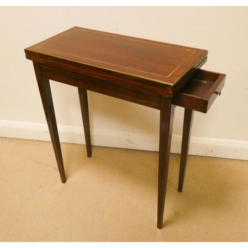 473 - A mahogany and brass lined inlaid folding top card table with red leather insert 25