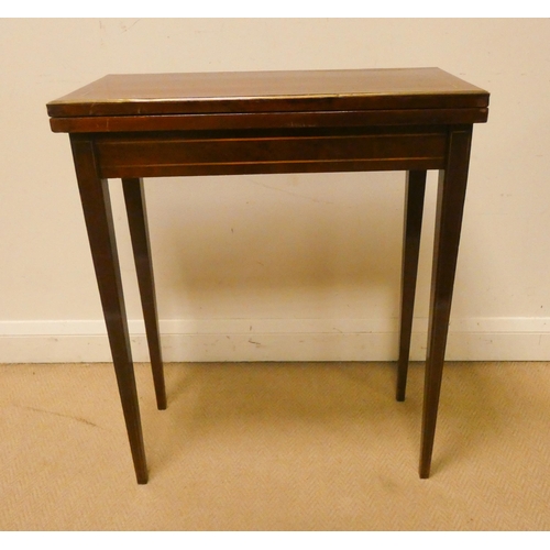 473 - A mahogany and brass lined inlaid folding top card table with red leather insert 25