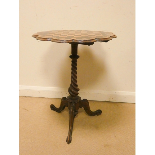 475 - A Victorian walnut and inlaid chess topped occasional table on barley twist and pillar base and tilt... 