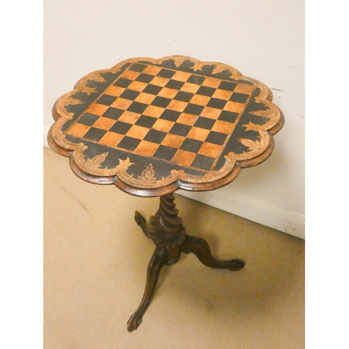 475 - A Victorian walnut and inlaid chess topped occasional table on barley twist and pillar base and tilt... 