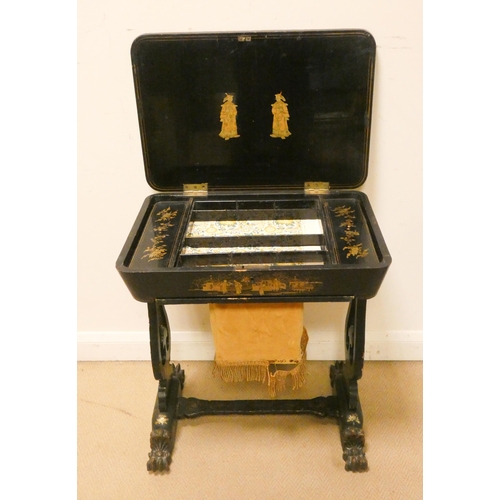 477 - A Victorian and black lacquered and gilt decorated workbox table with fitted interior standing on a ... 