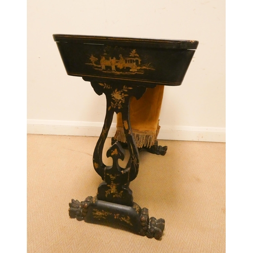 477 - A Victorian and black lacquered and gilt decorated workbox table with fitted interior standing on a ... 