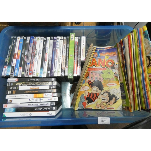 823 - A quantity of assorted PC, Playstation etc games and a quantity of old Beano comics