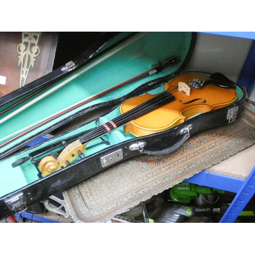 839 - A modern violin together with a long two handled decorative brass tray