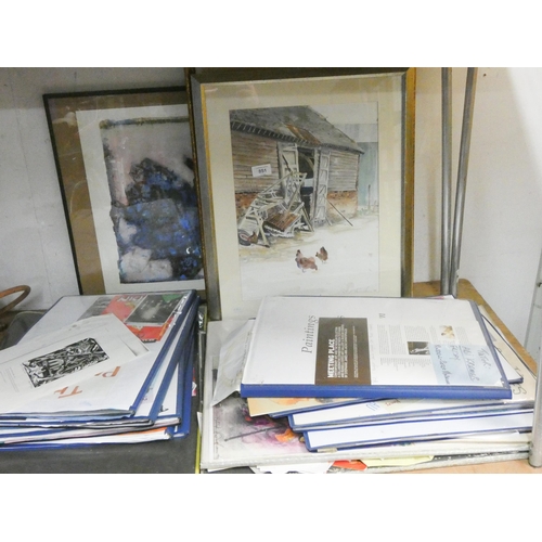 851 - A quantity of pictures, large quantity of picture paper, unframed pictures etc