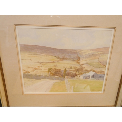 18 - A modern watercolour by Jonathan Cramp of Morvil Farm and church and another watercolour scene, both... 