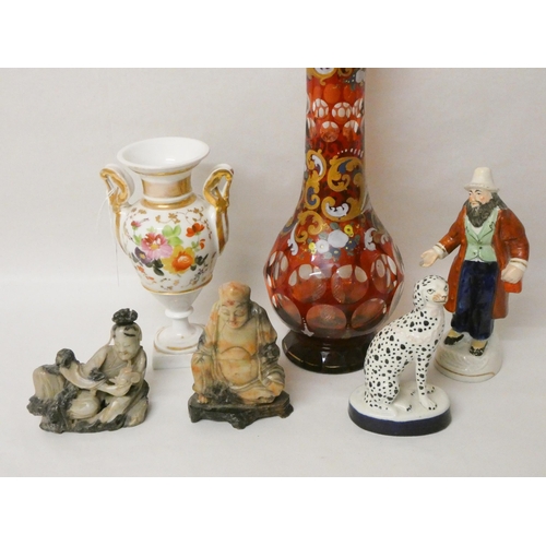 265 - A Bohemian enamelled ruby glass vase, two Chinese soapstone figures, Staffordshire Dalmatian and oth... 