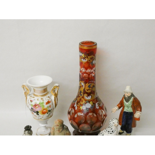 265 - A Bohemian enamelled ruby glass vase, two Chinese soapstone figures, Staffordshire Dalmatian and oth... 