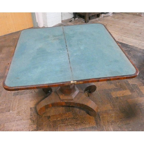 491 - A Victorian rosewood folding top card table on pillar and platform base, 3' wide