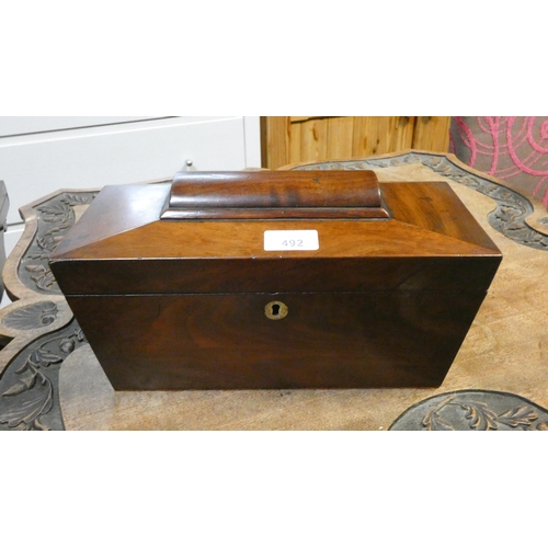 492 - A Victorian mahogany sarcophagus shaped tea caddy, converted to jewel box