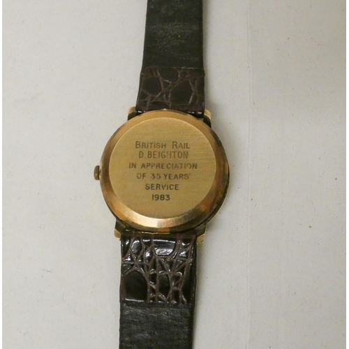 551 - Mappin & Webb gents 9ct gold cased presentation wristwatch, with inscription, on brown leather strap... 