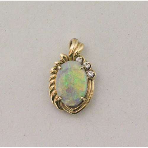 583 - An opal and diamond pendant, the oval opal in modern setting with three brilliant cut diamonds, in 1... 