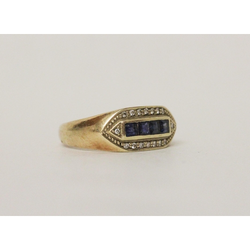 613 - A sapphire and diamond art deco style ring, 14k yellow gold band. Marked 585. Ring size  X, 6.8g