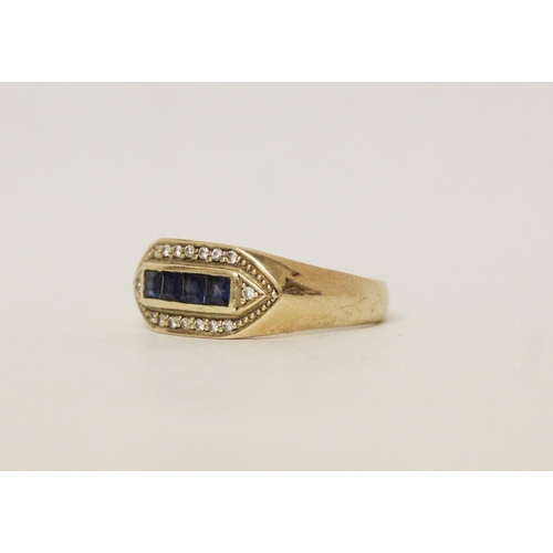 613 - A sapphire and diamond art deco style ring, 14k yellow gold band. Marked 585. Ring size  X, 6.8g