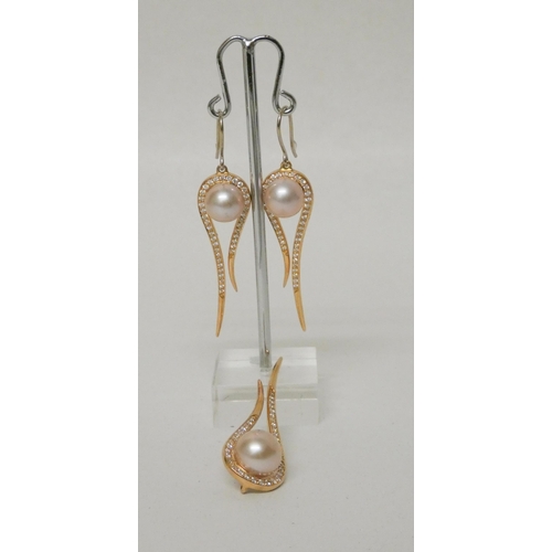 615 - Modern rose gold, diamond and pearl pendant and matching drop earrings, of elongated tear drop shape... 