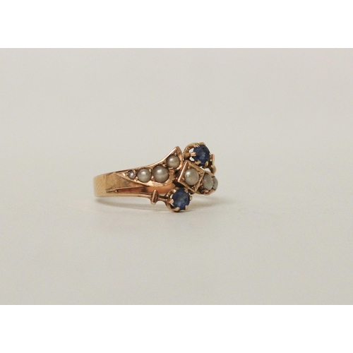 644 - An antique sapphire and pearl ring, unmarked rose gold band. Ring size K, 1.7g