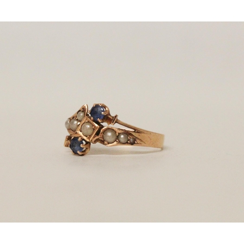 644 - An antique sapphire and pearl ring, unmarked rose gold band. Ring size K, 1.7g