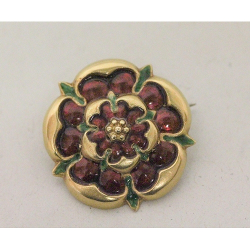 646 - An 18ct yellow gold and enamel Rose of Lancaster brooch. Marked 18ct Makers mark T & JB. Gross weigh... 