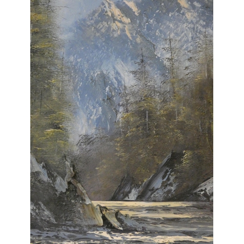 186 - A gilt framed oil painting of an alpine mountain and river scene, attributed to Terry Evans. approx.... 