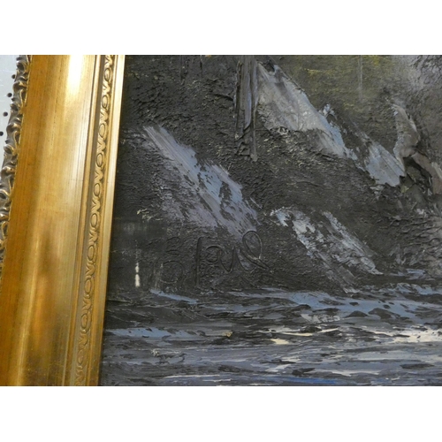 186 - A gilt framed oil painting of an alpine mountain and river scene, attributed to Terry Evans. approx.... 